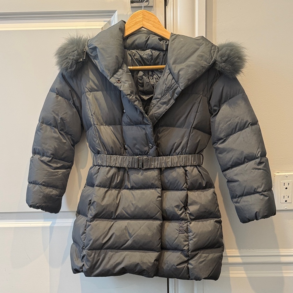 Add Gray Kids Puffer Coat with fur lined hood and belt